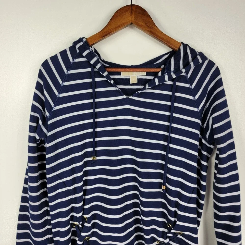 Michael Kors Women's Sz Sm Pullover Hoodie Navy and White Striped Lace Up Detail